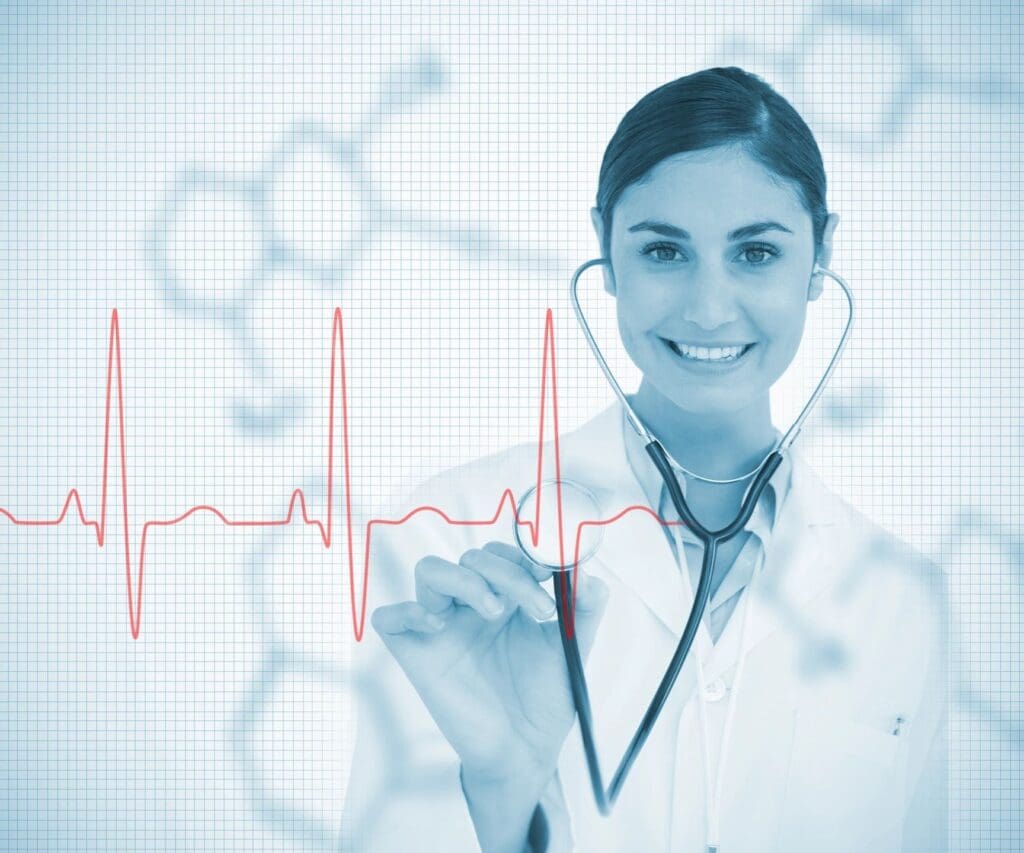 Smiling doctor, stethoscope, heart rate.
