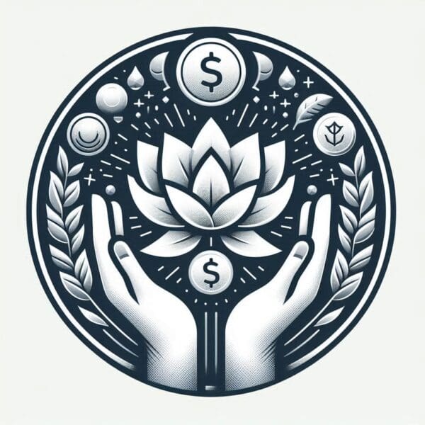 Hands holding lotus flower, money symbols.