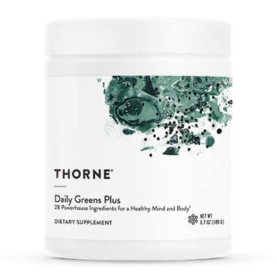 Thorne Daily Greens Plus supplement jar.